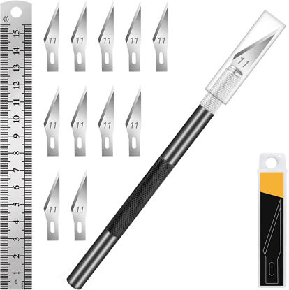 Picture of DIYSELF 1 Pcs Exacto Knife with 11 Pcs SK5 High Carbon Steel Exacto Blades Kit, Precision Knife Craft Knife Hobby Knife, 1pcs Steel 15cm Ruler for Art, Scrapbooking, Stencil (Black)