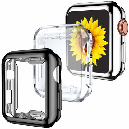 Picture of GEAK 3 Pack Compatible with Apple Watch Case 38mm,Soft HD High Sensitivity Screen Protector with TPU All Around Anti-Fall Bumper Protective Case Cover for iWatch Series 3/2/1 38mm Black/Clear/Silver