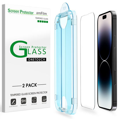 Picture of amFilm Screen Protector OneTouch Compatible with iPhone 14 Pro Max 6.7", Dynamic Island Compatible- with Easy Installation Kit, Full Coverage Case Friendly, Tempered Glass, 2 Pack