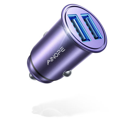 Picture of Car Charger, AINOPE Smallest 4.8A All Metal USB Car Charger Fast Charge Car Charger Adapter Flush Fit Compatible with iPhone 14 Pro Max/13/12/11/x/6s, iPad Air 2/Mini 3, Samsung Note 9/S10/S9-Purple