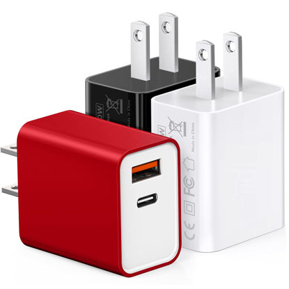 Picture of 3Pack 20W PD USB Charger, Dual-Port USB-C Wall Charger Plug in Block Station Type c Box Supper Fast Charging Brick for iPhone, Samsung Galaxy, Google Pixel, Motorola, Oneplus Kindle Cargador Cube