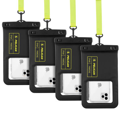 Picture of Pelican Marine 4 Pack - IP68 Floating Waterproof Phone Pouch/Case (XL Size) - iPhone 14 Pro Max/ 13 Pro Max/ 12 Pro Max/ 11/ S23 Ultra/Pixel 7 - Detachable Lanyard - Black/Yellow