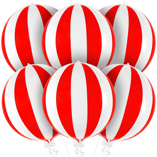 Picture of KatchOn, Carnival Balloons for Carnival Decorations - 22 Inch, Pack of 6 | Red and White Striped Balloons, 4D Striped Circus Balloons | Carnival Theme Party Decorations, Circus Theme Party Decorations