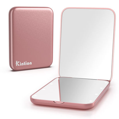 Picture of Kintion Pocket Mirror, 1X/3X Magnification LED Compact Travel Makeup Mirror, Compact Mirror with Light, Purse Mirror, Folding, Handheld, Small Lighted Compact Mirror for Gift, Rose Gold
