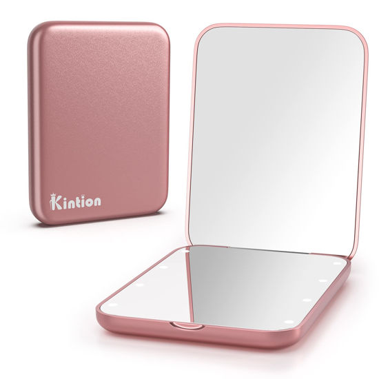 Picture of Kintion Pocket Mirror, 1X/3X Magnification LED Compact Travel Makeup Mirror, Compact Mirror with Light, Purse Mirror, Folding, Handheld, Small Lighted Compact Mirror for Gift, Rose Gold