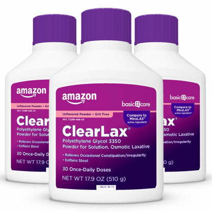 Picture of Amazon Basic Care ClearLax, Polyethylene Glycol 3350 Powder for Solution, Osmotic Laxative, Unflavored, 53.7 Oz (3 Packs of 17.9 Oz)