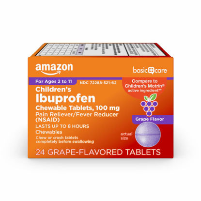 Picture of Amazon Basic Care Children's Ibuprofen Chewable Tablets 100 mg, Grape Flavor, Pain Reliever and Fever Reducer (NSAID), For Sore Throat, Toothache, Headache Relief and More, 24 Count