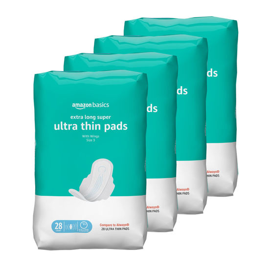 Picture of Amazon Basics Ultra Thin Pads with Flexi-Wings for Periods, Extra Long Length, Super Absorbency, Unscented, Size 3, 112 Count (4 Packs of 28) (Previously Solimo)