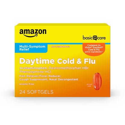 Picture of Amazon Basic Care Daytime Cold and Flu Relief Softgels, Non-Drowsy Cold Medicine, Relief of Pain, Fever, Cough, Sore Throat, Nasal Congestion, 24 Count