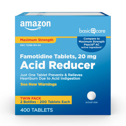 Picture of Amazon Basic Care Maximum Strength Famotidine Tablets 20 mg, Acid Reducer for Heartburn Relief, 400 Count