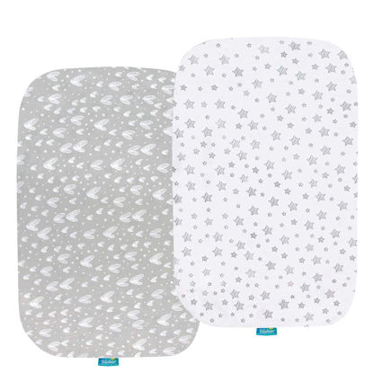Picture of Bassinet Sheets Compatible with ANGELBLISS Baby Bassinet, Koolerthings (3 in 1) Baby Bassinet, Pamo Babe 2in1 and Ihoming Bedside Bassinet, 2 Pack, 100% Jersey Cotton, Breathable and Soft, Grey Print