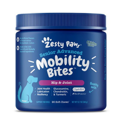 Picture of Zesty Paws Mobility Bites Dog Joint Supplement - Hip and Joint Chews for Dogs - Pet Product with Glucosamine, Chondroitin, & MSM + Vitamins C and E for Dog Joint Relief - Advanced - Chicken - 90 Count