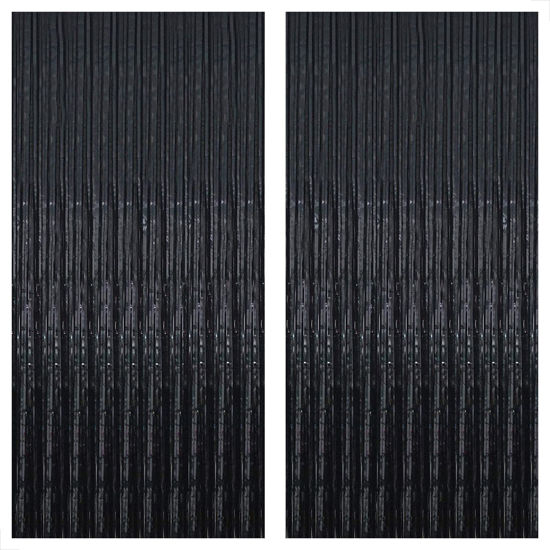 Picture of KatchOn, XtraLarge 6.4x8 Feet Black Fringe Backdrop - Pack of 2 | Black Tinsel Backdrop for Black Party Decorations | Black Foil Fringe Curtain for Halloween Decorations | Black Backdrop for Party