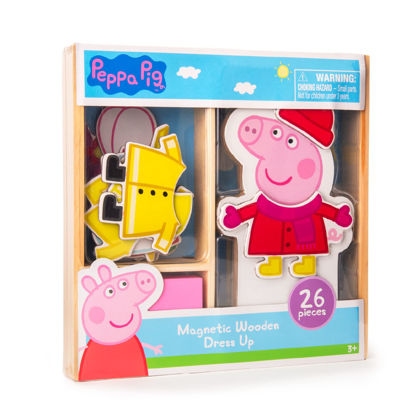 Picture of Peppa Pig Magnetic Wood Dress Up Doll. Includes 26 Colorful Magnetic Wood Pieces and Wooden Storage Box. Encourages Creative Play with Mix and Match Fun for Preschoolers and Kids Ages 3 and Over.