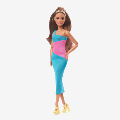 Picture of Barbie Looks Doll with Brown Hair Dressed in One-Shoulder Pink and Blue Midi Dress, Posable Made to Move Body Small