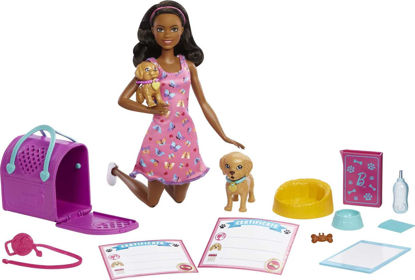 Picture of Barbie Pup Adoption Doll & Accessories Set with Color-Change, 2 Pets, Carrier & 10 Accessories, Brunette Doll in Pink Dress