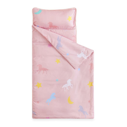 Picture of Wake In Cloud - Extra Long Unicorn Nap Mat with Removable Pillow for Kids Toddler Boys Girls Daycare Preschool Kindergarten Sleeping Bag, Unicorns Stars Moons Printed on Pink, 100% Soft Microfiber