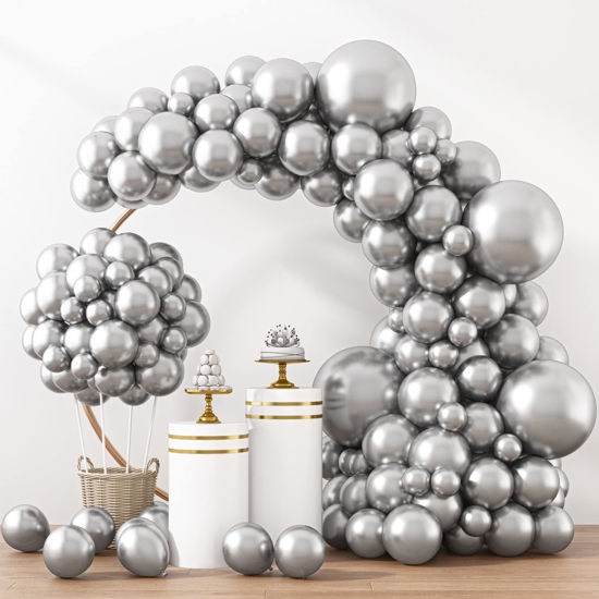 Picture of RUBFAC 129pcs Metallic Silver Balloons Latex Balloons Different Sizes 18 12 10 5 Inches Party Balloon Kit for Birthday Party Graduation Baby Shower Wedding Holiday Easter Decoration