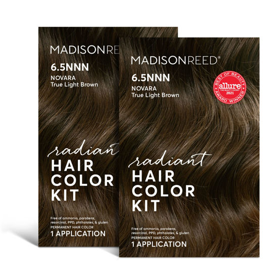 Picture of Madison Reed Radiant Hair Color Kit, Permanent Hair Dye, 100% Gray Coverage, Ammonia-Free, Novara Light Brown 6.5NNN Light Brown for Resistant Grays, Pack of 2