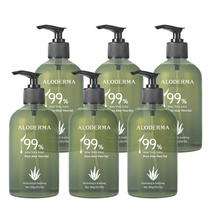 Picture of Aloderma 99% Organic Aloe Vera Gel 6 Pack, Bottled within 12 Hours of Harvest (300g, 10.6 oz), No Sticky Residue - No Powder Concentrates or Water Added - Eco-Friendly