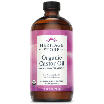Picture of Heritage Store Organic Castor Oil, Nourishing Hair Treatment, Deep Hydration for Healthy Hair Care, Skin Care, Eyelashes & Brows, Castor Oil Packs, Cold Pressed, Hexane Free, Vegan, Cruelty Free, Glass Bottle, 16oz