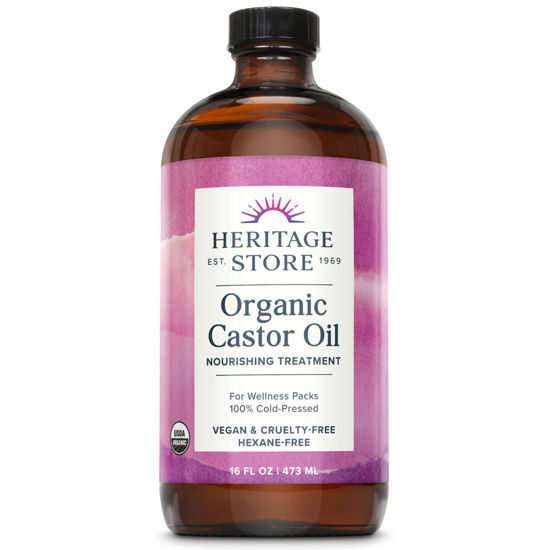 Picture of Heritage Store Organic Castor Oil, Nourishing Hair Treatment, Deep Hydration for Healthy Hair Care, Skin Care, Eyelashes & Brows, Castor Oil Packs, Cold Pressed, Hexane Free, Vegan, Cruelty Free, Glass Bottle, 16oz