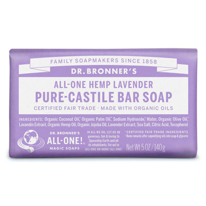 Picture of Dr. Bronner’s - Pure-Castile Bar Soap (Lavender, 5 ounce) - Made with Organic Oils, For Face, Body and Hair, Gentle and Moisturizing, Biodegradable, Vegan, Cruelty-free, Non-GMO