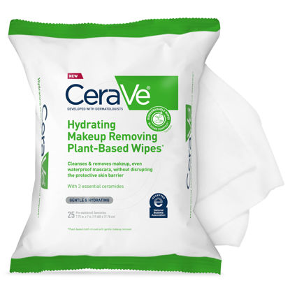 Picture of CeraVe Hydrating Facial Cleansing Makeup Remover Wipes| Plant Based Face Wipes| Biodegradable in Home Compost| Face Wash Cloth| Suitable for Sensitive Skin| Fragrance-free Non-comedogenic| 25 Count
