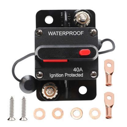 Picture of RED WOLF 40 AMP Car Circuit Breaker w/Manual Reset Switch Inline Fuse Holder Inverter for Motor Trolling Vehicles Audio Radio Solar System Protection 12V-48V DC with Wire Lugs Copper Washer Screws