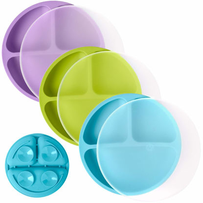 Picture of WeeSprout 100% Silicone, Suction Dishware Plate with Lids for Babies Toddlers, Divided Design, Microwave & Dishwasher Safe, 3 Pack (Bright Green, Purple & Blue)