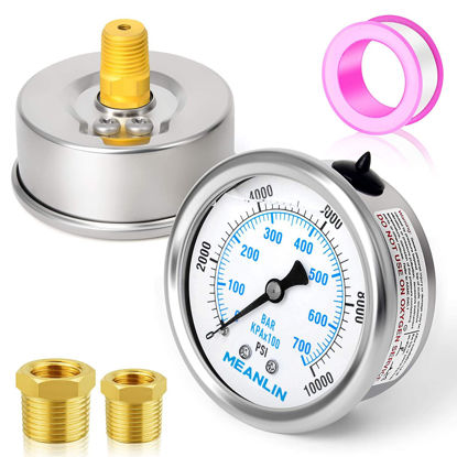 Picture of MEANLIN MEASURE 0~10000Psi Stainless Steel 1/4" NPT 2.5" FACE DIAL Liquid Filled Pressure Gauge WOG Water Oil Gas Center Back Mount