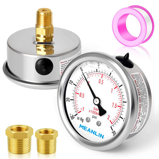 Picture of MEANLIN MEASURE -30~30Psi Stainless Steel 1/4" NPT 2.5" FACE DIAL Vacuum Pressure Gauge ，Center Back Mount
