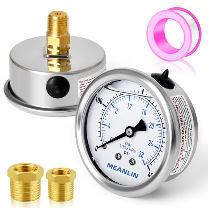 Picture of MEANLIN MEASURE 0~400Psi Stainless Steel 1/4" NPT 2.5" FACE DIAL Liquid Filled Pressure Gauge WOG Water Oil Gas Center Back Mount
