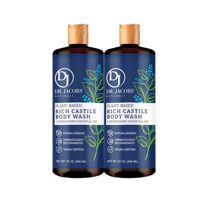 Picture of Dr Jacobs Naturals All-Natural Castile Peppermint Body Wash with Plant-Based Ingredients - Gentle and Effective - Sulfate-Free, Paraben-Free, and Cruelty-Free Formula for Nourished Skin (32 oz, 2 Pack)