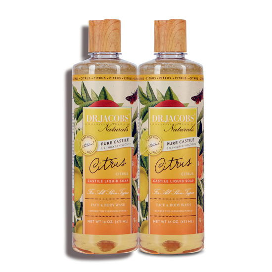 Picture of Dr Jacobs Naturals Pure Castile Liquid Soap Gel - Rejuvenating (Citrus, 16 oz 2-Pack) Made with Premium Organic Oils - Vegan, No Palm Oil, GMO Free - Concentrated, Multi-Purpose for Face, Body, Hair, Pets, Laundry and Dishes - Hypoallergenic and Dermatologist Approved