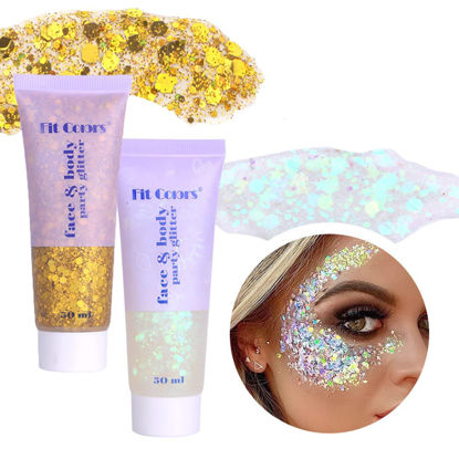 Picture of MEICOLY 2pcs Body Glitter,Mermaid Sequins Liquid Holographic Glitter Gel,Chunky Glitter Face Eye Lip Hair Nail Festival Makeup,Sparkling Body Glitter Gel for Women,100g,White+Gold