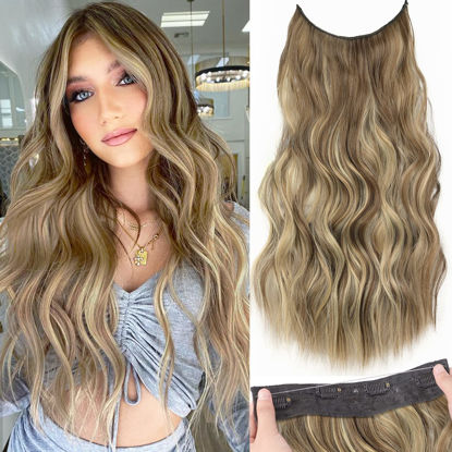 Picture of KooKaStyle Invisible Wire Hair Extensions with Transparent Headband Adjustable Size 4 Secure Clips Long Wavy Secret Wire Hairpiece 16 Inch Medium Brown Ash Blonde for Women