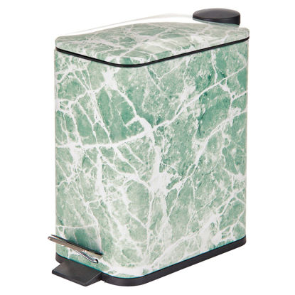 Picture of mDesign Slim Metal Rectangle 1.3 Gallon Trash Can with Step Pedal, Easy-Close Lid, Removable Liner - Narrow Wastebasket Garbage Container Bin for Bathroom, Bedroom, Kitchen, Office - Green Marble