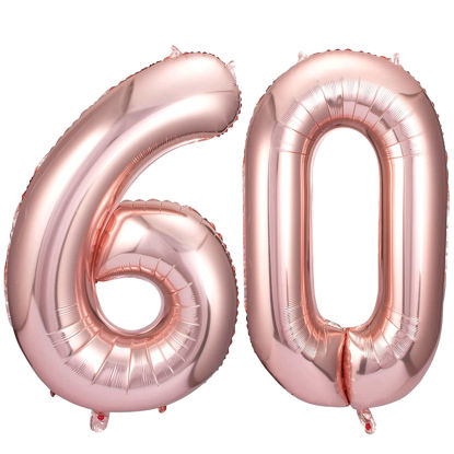 Picture of 60 Number Balloons Rose Gold Big Giant Jumbo Number 60 Foil Mylar Balloons for 60th Birthday Party Supplies 60 Anniversary Events Decorations