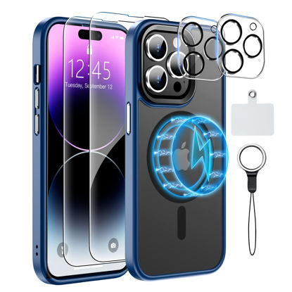 Picture of MOZOTER [6 in 1 Magnetic for iPhone 14 Pro Max Case [Compatible with MagSafe][2Pcs Glass Screen Protector+2Pcs Camera Lens Protector] Skin-Friendly Shockproof Translucent Matte Case Cover 6.7”- Blue