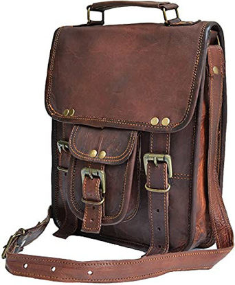 Picture of 11" small Leather messenger bag shoulder bag cross body vintage messenger bag for women & men satchel man purse compatible with iPad and tablet