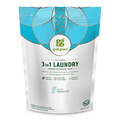 Picture of Grab Green 3-in-1 Laundry Detergent Pods, 24 Count, Fragrance Free, Plant and Mineral Based, Superior Cleaning Power, Stain Remover, Brightens Clothes