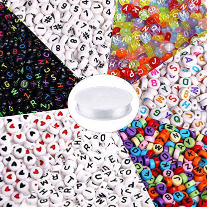 Picture of 1900pcs 7 Colors Round Letter Beads Acrylic Alphabet Number Beads with 1 Roll Elastic Crystal String Cord for Jewelry Making DIY Necklace Bracelet (7x4mm)
