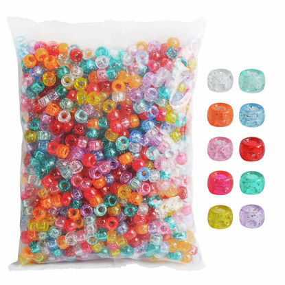 Picture of 1200 pcs Pony Beads 6x9mm Glitter Clear Plastic Beads Transparent Beads with Sparkling Glitter Assorted 10 Colors for DIY Craft Jewelry Bracelets Making, Hair Braiding, Keychains Ornaments