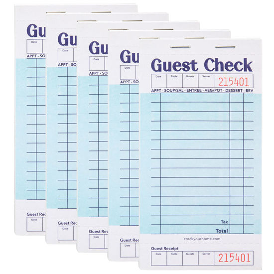 Picture of Stock Your Home Blue Guest Check Books for Servers (5 Pack) Server Note Pads, Waiter Checkbook, Food Receipt Book, Restaurant Order Pad, Paper Checks, Waitress Accessories, 250 Total Tickets