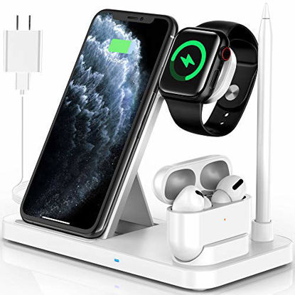 Picture of Powlaken Wireless Charger, 4 in 1 Wireless Charging Station Dock for Apple iWatch Series Se 6 5 4 3 2 1, AirPods Pro and Pencil, Charging Stand for iPhone 11, 11 Pro max, Xr, Xs max, X (White)