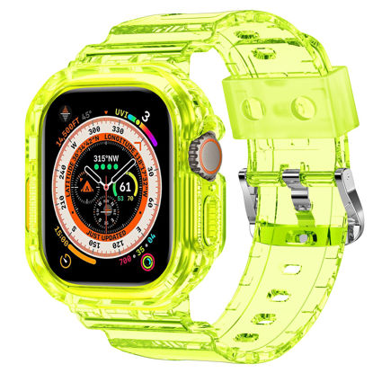 Picture of XYF Compatible for Crystal Clear Apple Watch Bands, 45mm 44mm 42mm 41mm 40mm 38mm 49mm with Bumper Case Men Women Jelly Sport Band for iWatch Ultra Series 8 7 SE/6 5 4 3 2 1 (Yellow, Ultra 49mm)
