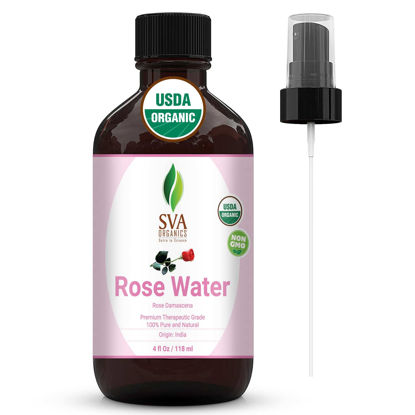 Picture of SVA Organics Rose Water, USDA Certified (118 ml) 4 Oz- 100% Pure & Natural, Refreshing Rose Water Spray | Skin Care, Bath, Soaps, Hair Care, Natural Rose Aroma