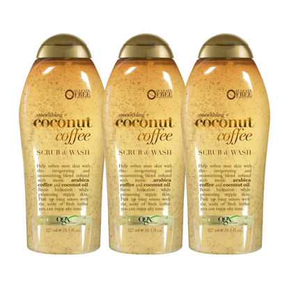 Picture of OGX Smoothing + Coconut Coffee Exfoliating Body Scrub with Arabica Coffee & Coconut Oil, Moisturizing Body Wash for Dry Skin, Paraben-Free with Sulfate-Free Surfactants, 19.5 Fl Oz (pack of 3)