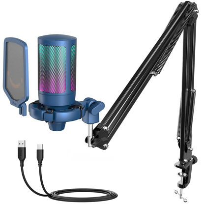 Picture of FIFINE USB Gaming Streaming Recording PC Microphone Kit, RGB Condenser Computer Mic Bundle for Podcasts, Audio, Vocal, Video on Mac/Desktop/Laptop, with Boom Arm Stand-A6T Blue
